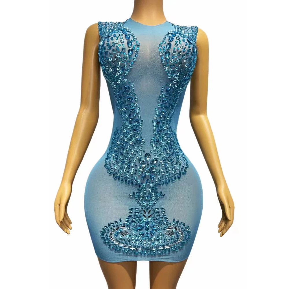 

Women Sexy Stage Sparkly Blue Rhinestones Sleeveless Transparent Dress Evening Birthday Celebrate Stretchy Photo Shoot Costume