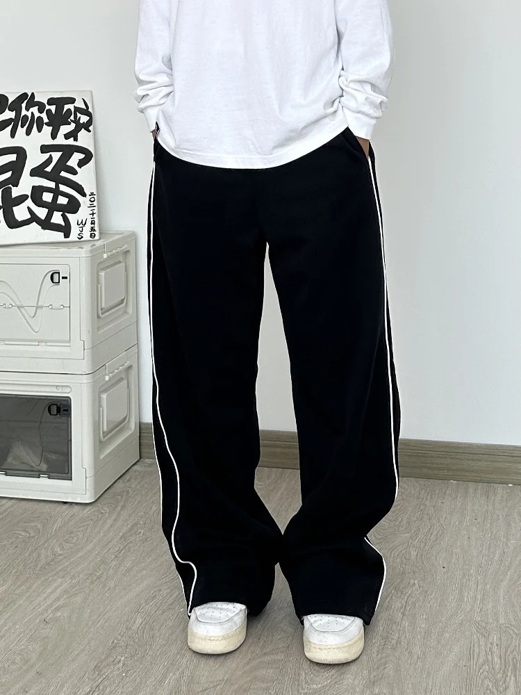 

FOMK American Sle Reflective Strip Wide Leg Straight Cut Sweatpants ex Hip Hop Heavy Du Sports Trousers Casual Pants
