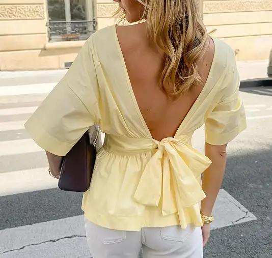 

Summer Cotton Short Sleeve Backless Lace Up Shirt Top New Comfortable and Versatile Women's Clothing Fashion Blouses