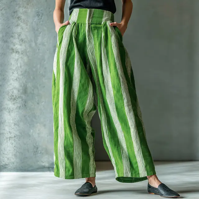 Pantalones Harem de Lino a Rayas para Mujer, Cintura Alta, Plisados, Anchos, Estilo Boho Casual, Pantalones Palazzo Holgados