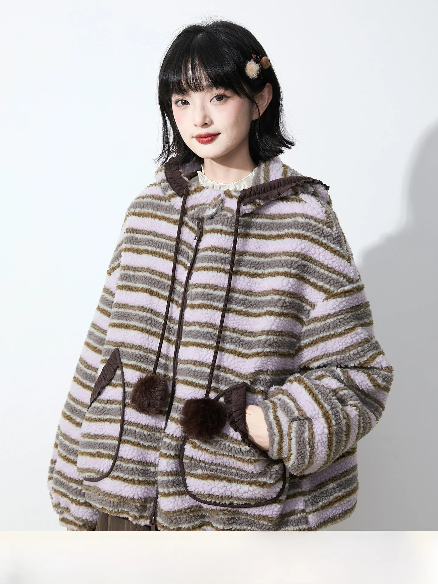 

Розово-фиолетовая полосатая женская куртка с капюшоном из вельвета, свободного кроя, с длинными рукавами, из полиэстера, нейлона и композитного волокна