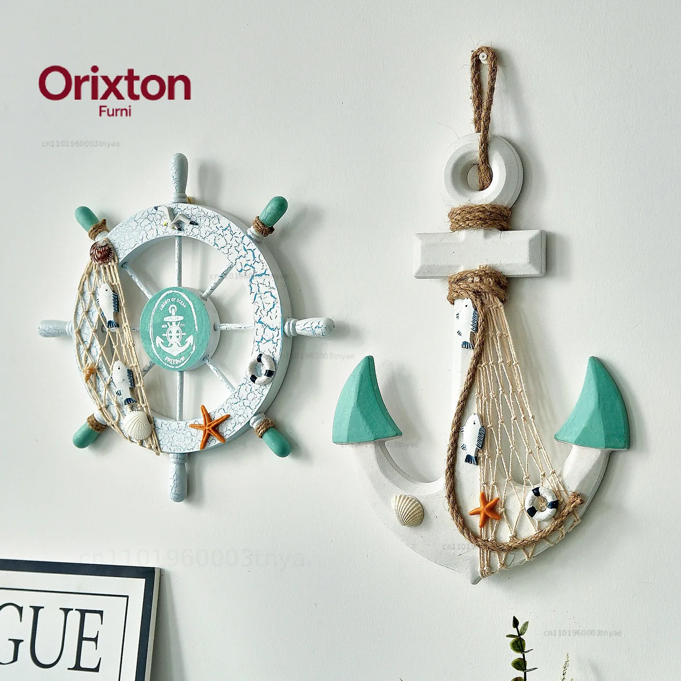2pcs/set Helmsman Iron Anchor Home Decoration Mediterranean Style Ocean Theme Combination Wall Hanging Wooden Crafts