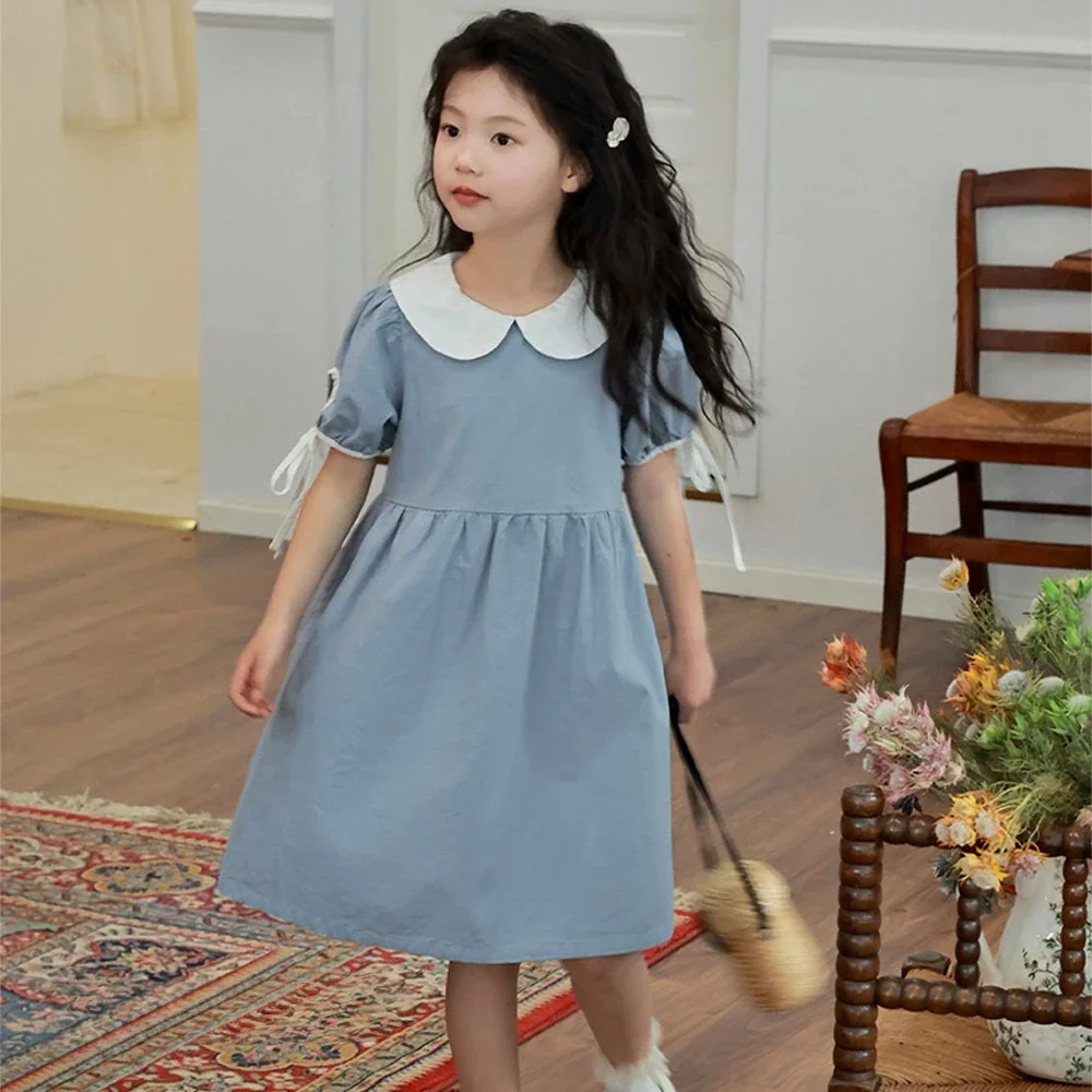

Korean Version Fashionable Doll Collar Bubble Sleeve Princess Dress Blue Casual Clothes for Girls Daily Elegant Birthday Party