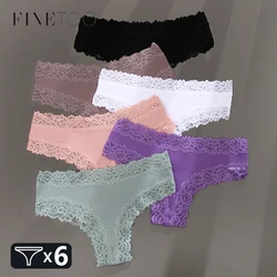 FINETOO 6pcs Women's Cotton Lace Thongs Sexy Breathable Floral Print Brazilian Panties Female Low Waist G-string Solid Lingerie
