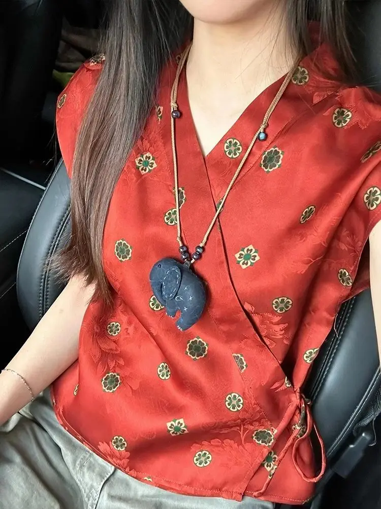 

Floral Printed Satin Silk Blouses Women Short Sleeve Retro Tops Chinese Style Hanfu Lace Up Shirts Oversized