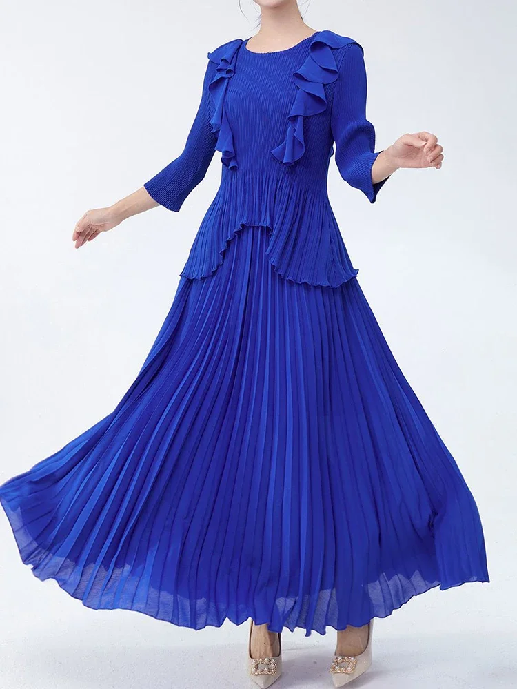 

ANLAN Women's Solid Color Pleated Sets O-Neck Ruffled T-shirt Folds Skirt Two-piece Set Female Fashion Spring 2025 New 2AN9508