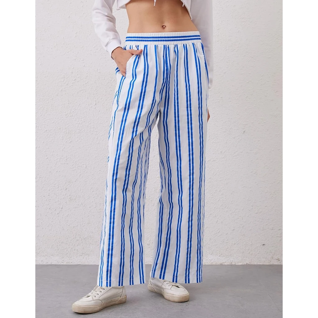 HEZIOWYUN Women Y2K Vintage Straight Leg Long Pants Elastic Waist Stripe Print Sleep Bottoms Loungewear Pj Trousers with Pockets