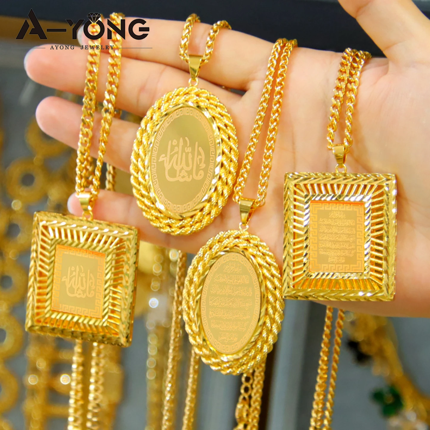 Luxury Arab Muslim Fashion Pendant 21k Gold Plated Dubai New Square Necklace Pendants Saudi Bridal Wedding Jewelry Gift