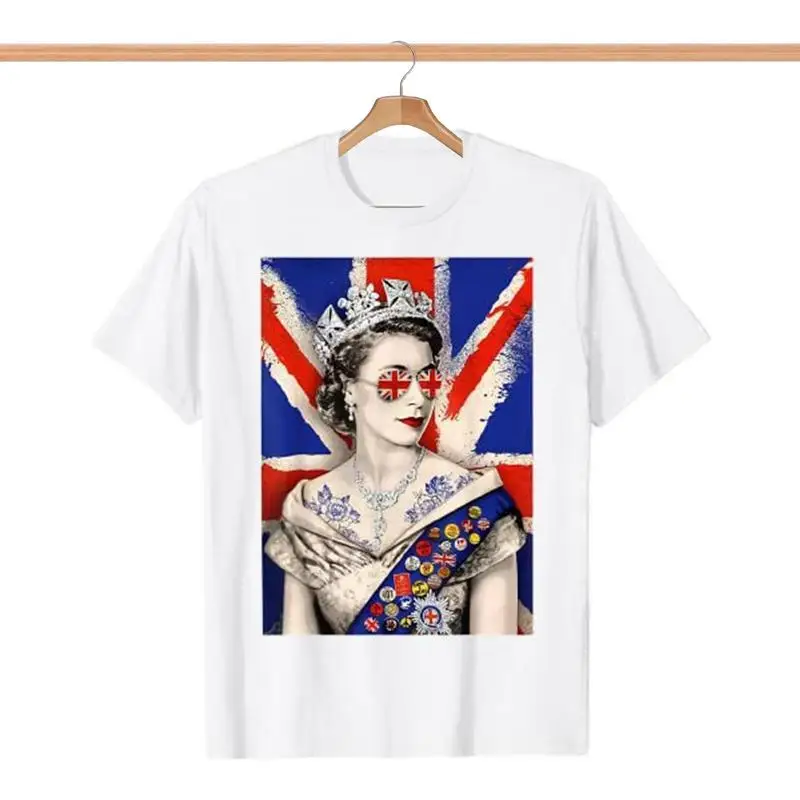 Queen Of England T-shirt Queen Elizabeth T Shirt White Union Jack Flag Queen Of England T-shirt Sunglasses Pop Art Round Neck