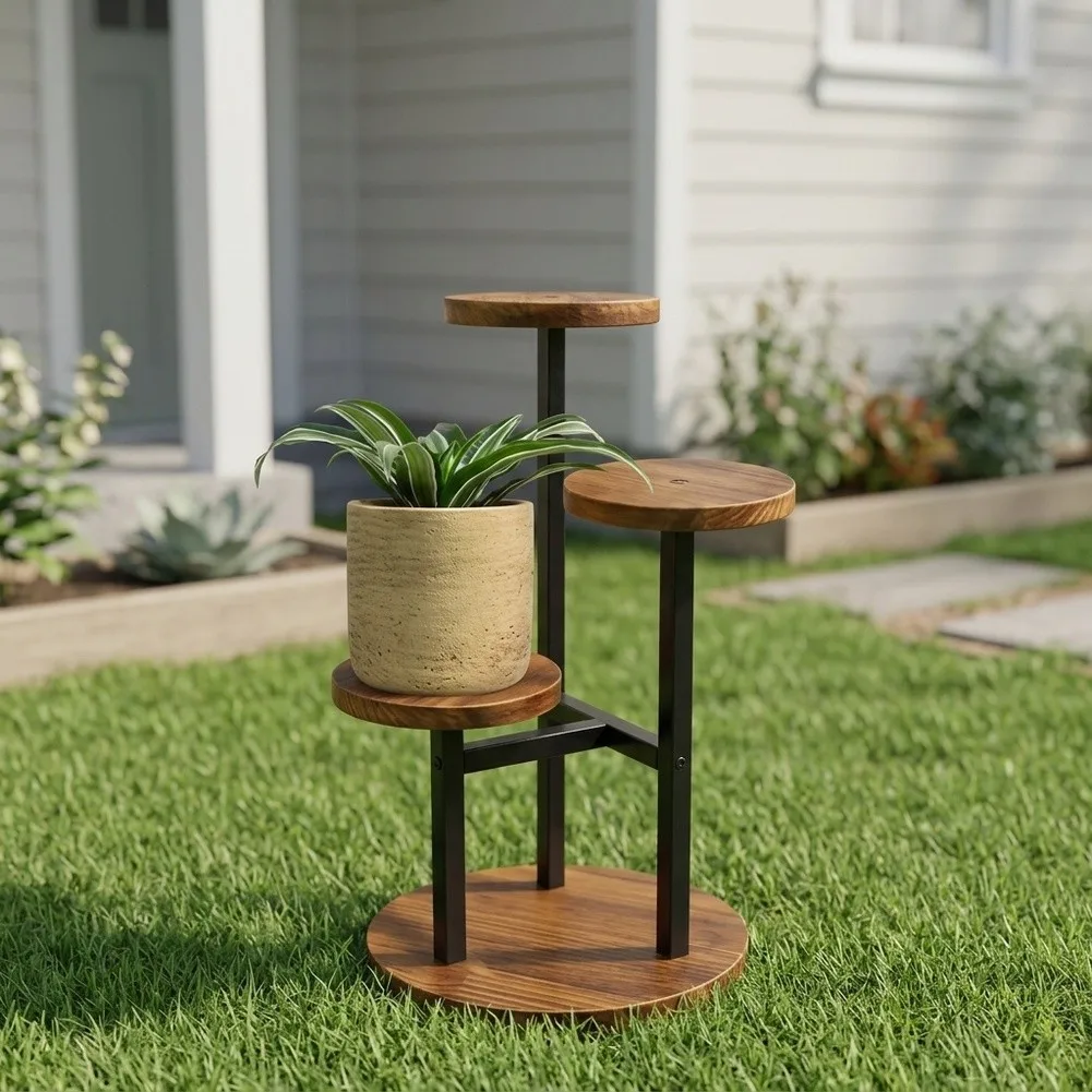3-Tier Corner Plant Stand Table Crafted from Carbonized Pine Wood and Equipped with Non-Slip Floor Protection Pads