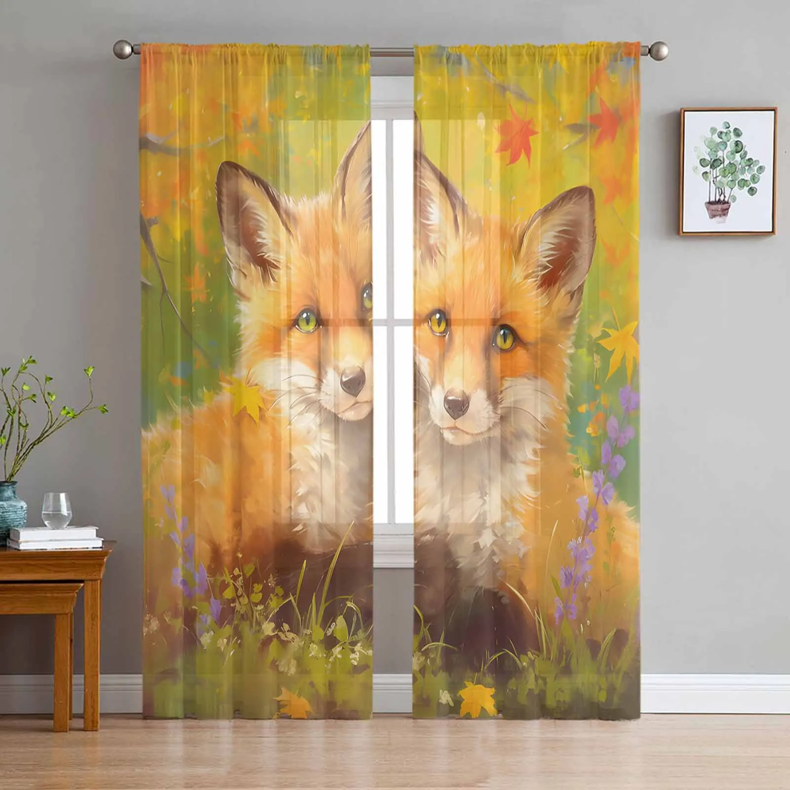 Two Foxes With Maple Leaves In Autumn Sheer Curtain Living Room Drapes Home Bedroom Voile Curtain Tulle Window Curtain