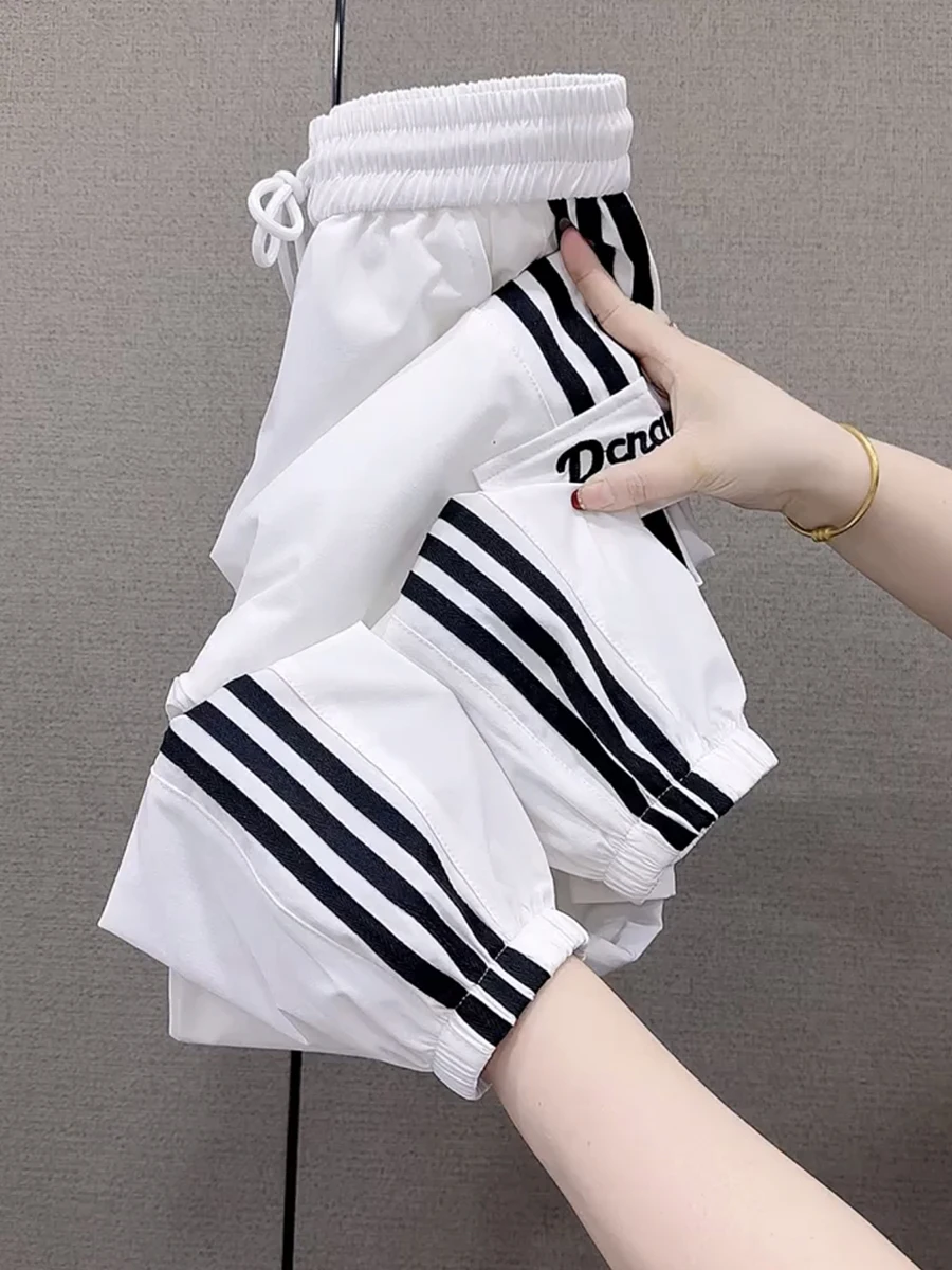 

White Qui-Dry Sports Pants Women's Summer Thin Side Stripe Breathable High Waist Nine-Piece Small Size Harlan Pants