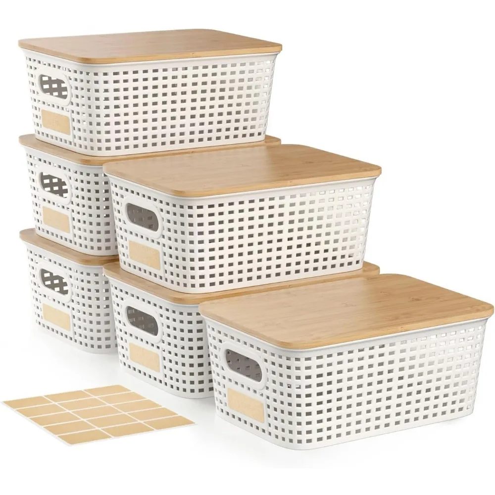 

Set of Six Stackable Plastic Storage Bins with Bamboo Lids Small Organizer Boxes for Pantry Shelf Drawer Closet Office