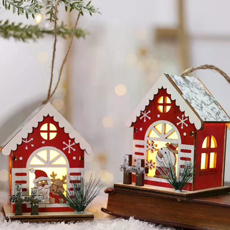 Casa de Navidad de madera LED, Mini casas de nieve de Navidad, figuritas de construcción de pueblo de invierno de madera, adornos de mesa, decoración para fiestas navideñas