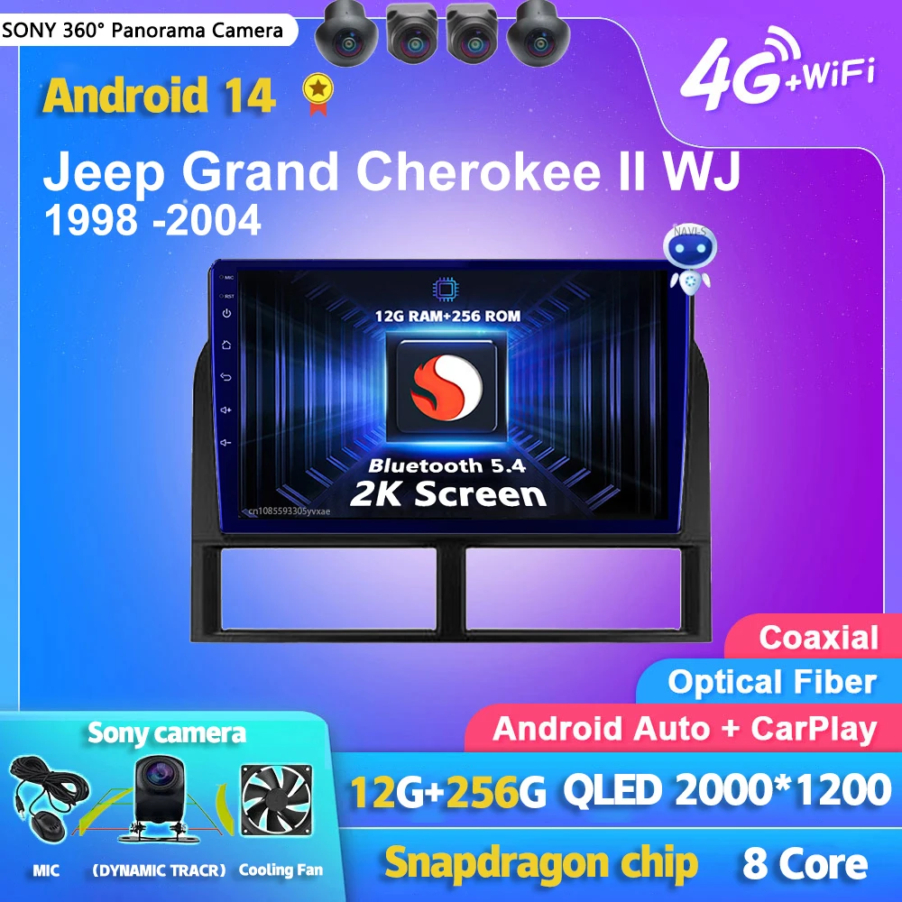 Android 14 Carplay Auto 2K экран автомобильный радиоприемник мультимедийный плеер для Jeep Grand Cherokee II WJ 1998-2004 2 din авторадио стерео