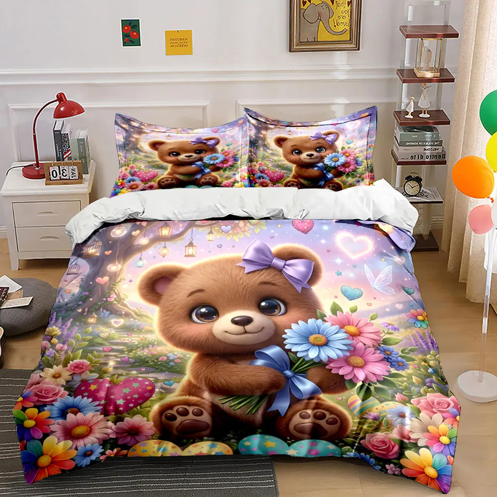 

Dreamy Bear with Floral Wonderland Print Bedding Set 1 Duvet Cover 2 Pillowcases for Adult and Children Luxury Gift Full Size