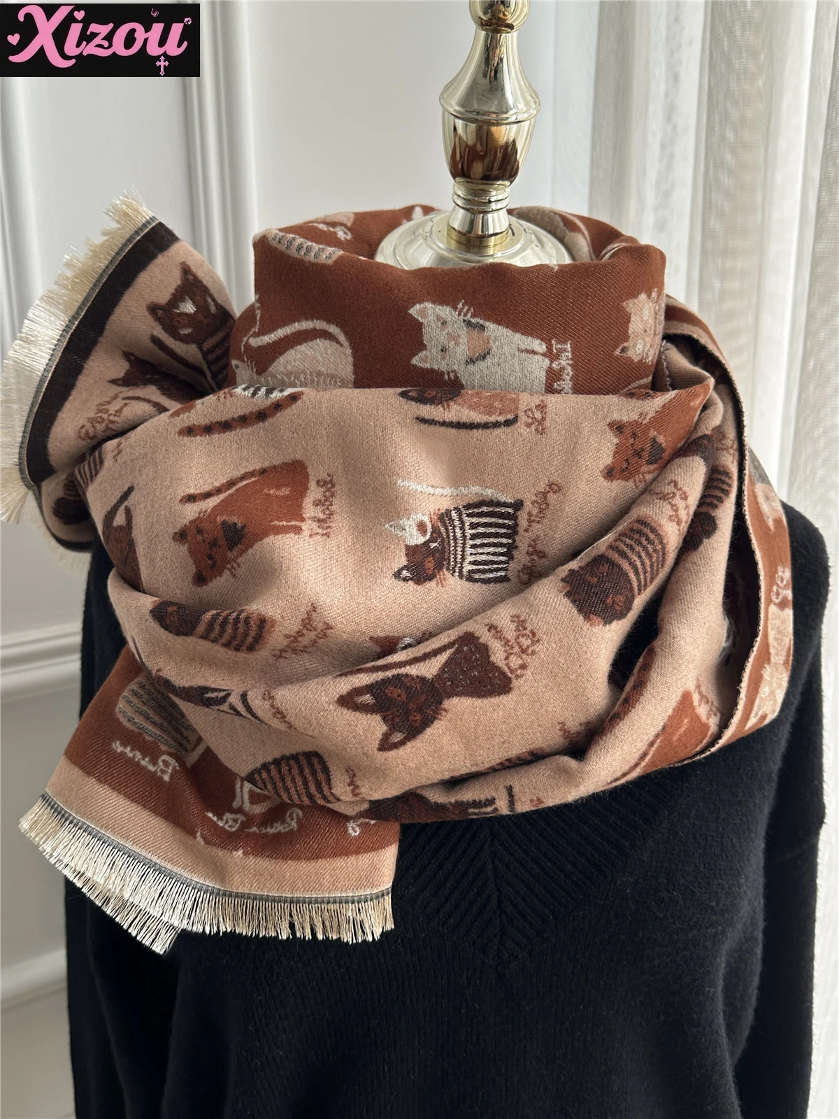 

Японский зимний двусторонний теплый шарф с милым котом, шаль для пары, женский универсальный утолщенный высококачественный женский шарф из искусственного кашемира