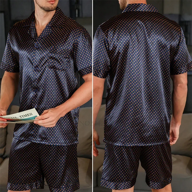 Summer New Mens Pajamas Set Loungewear Short Sleeve Shorts Pijamas Suite Navy Blue Print Dot Sleepwear Homewear Rayon Pijama