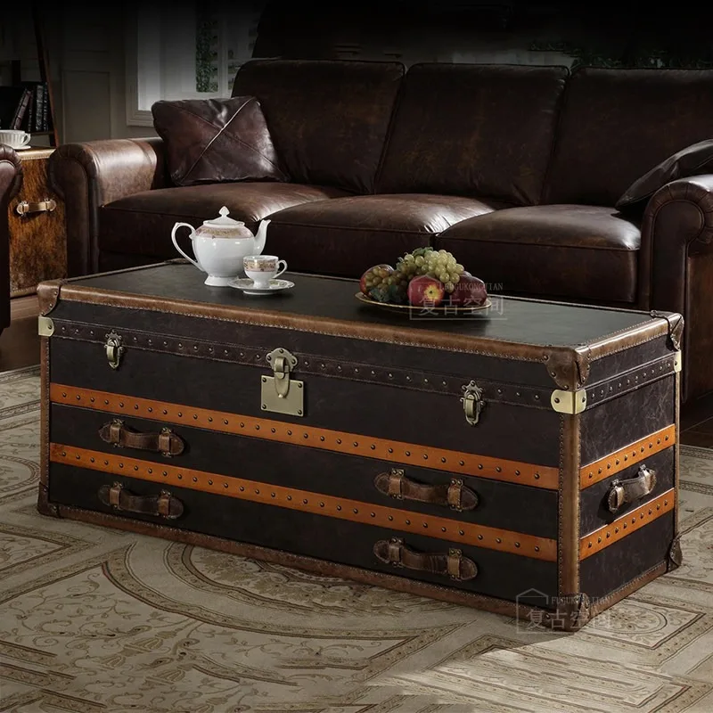 Retro leather box, coffee table, European-style American storage, coffee table, antique cigar bar in the reception room, genuine