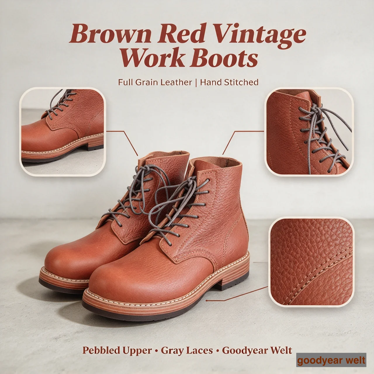 Md3mm Men Vintage American Style Work Ankle Boots, Top Layer Cowhide Hand Welted Handmade Leather Boots, Retro Lace Up