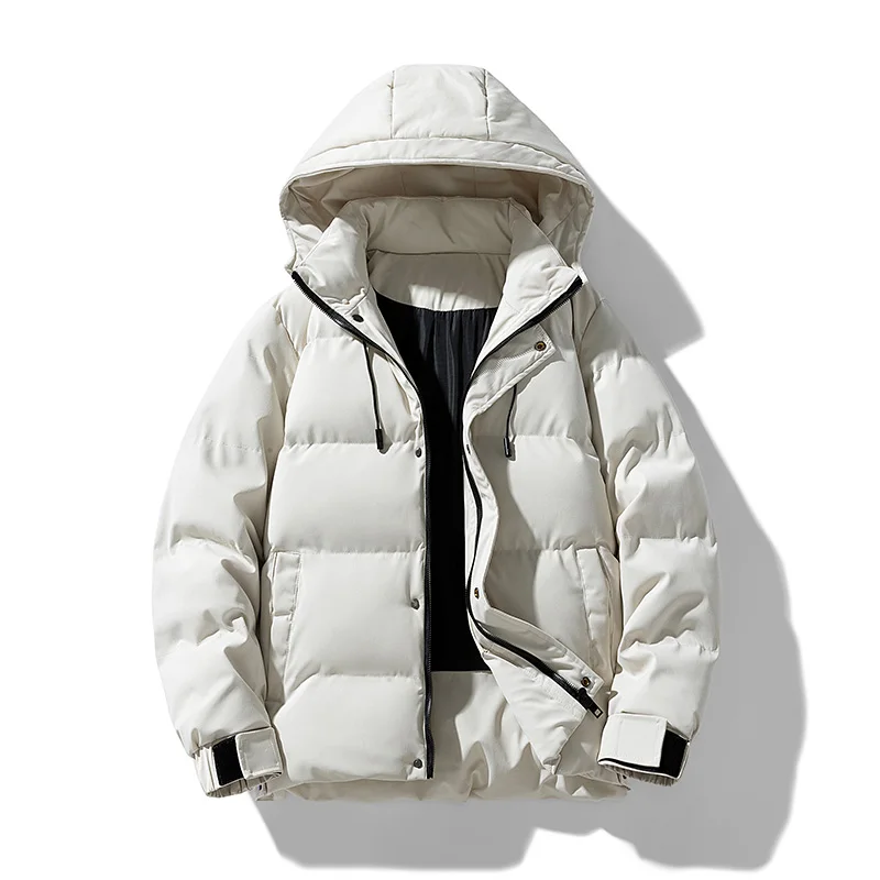 Jaquetas masculinas com capuz acolchoado de algodão, Parkas de topo grosso, casacos soltos à prova de vento, outwear quente monocromático, novo,