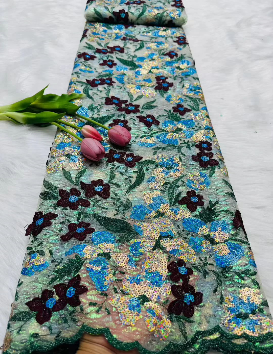African Sequins Flocking Lace Fabric