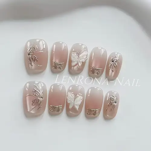 Imagen 2 del producto 10 Uds. De uñas cortas usables hechas a mano, Ojo de Gato rosa, lentejuelas doradas de mariposa, parches para decoración de uñas, uñas postizas dulces y bonitas para mujer