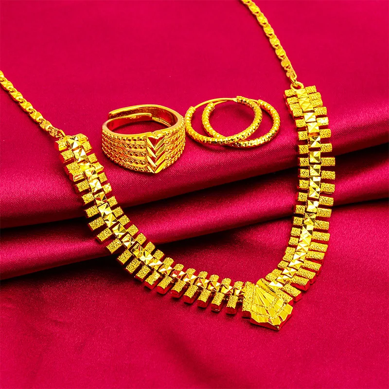 Dubai Fashion 24K Gold Plated Jewelry Sets Wedding Nigeria Indian Necklace Earrings Rings Bride Gifts Wholesales