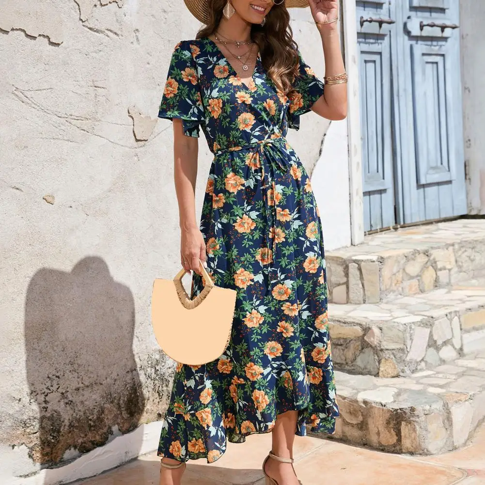

Elegant Vintage Summer Long Dresses Floral Print Boho Long Dress V-Neck Split Sexy Party Dress Robe Slit Irregular Tie Dress