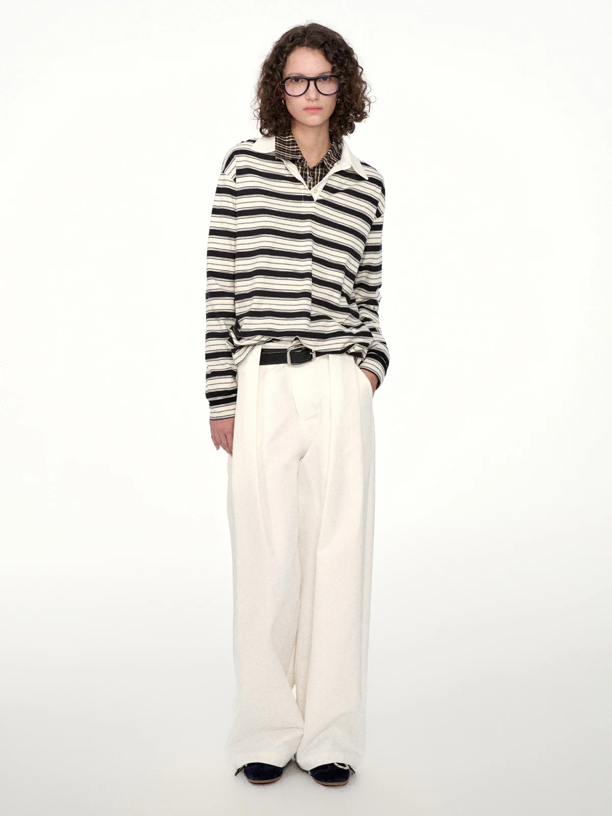 

Firstfloor Vintage Loose Color Blo Collar Casual Striped Long Sve Tirt Comfortable Cotton Polyester Blend Top