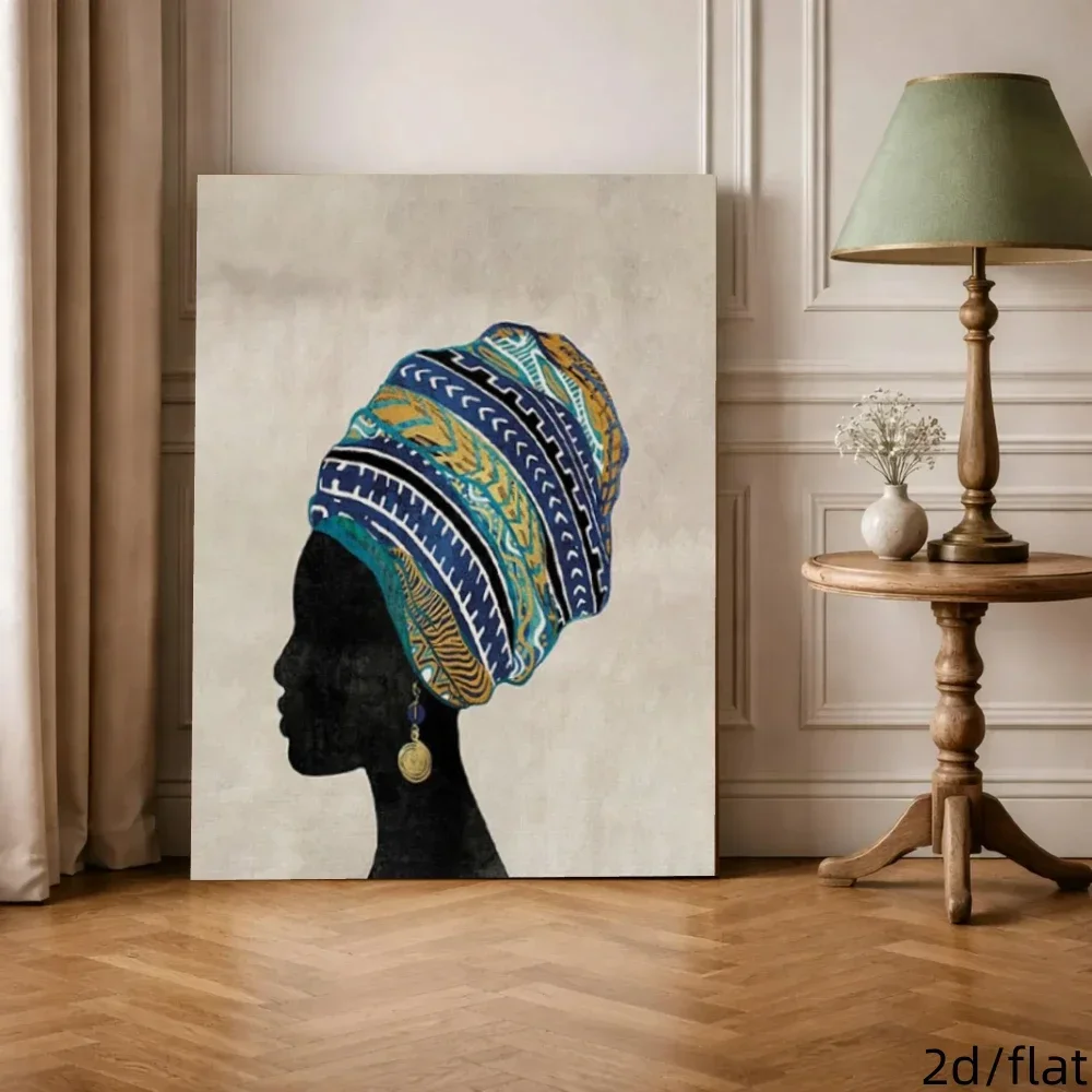 Modern Wall Art, African Woman Side‑Face Blue‑Yellow Geometric Headscarf Print, Wooden Framed Decor Painting for Living Room