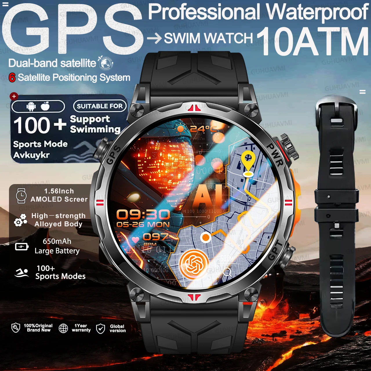 

Новинка 2025 года, военные двухдиапазонные GPS SmartWatch, компас, 10 АТМ, водонепроницаемые тактические компасы, альтиметр, 100 + спортивные BT-вызовы, умные часы для мужчин