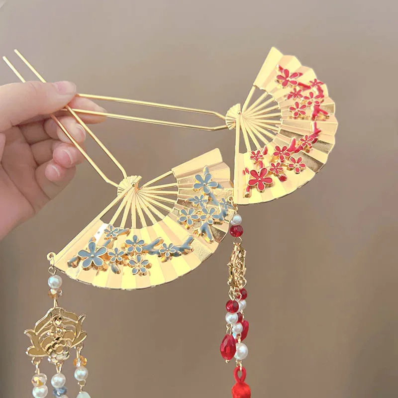 

Новый головной убор в китайском стиле, складные веерные заколки в форме цветка, аксессуары для волос с кисточками из пшеничных ушей и аксессуары Cheongsam.