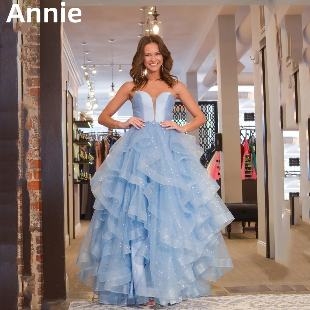 

Annie Shiny Ruffles With Multiple Layers Prom Dresses Blue Evening Dress Sweetheart Corset Wedding Formal Occasion Party Dress