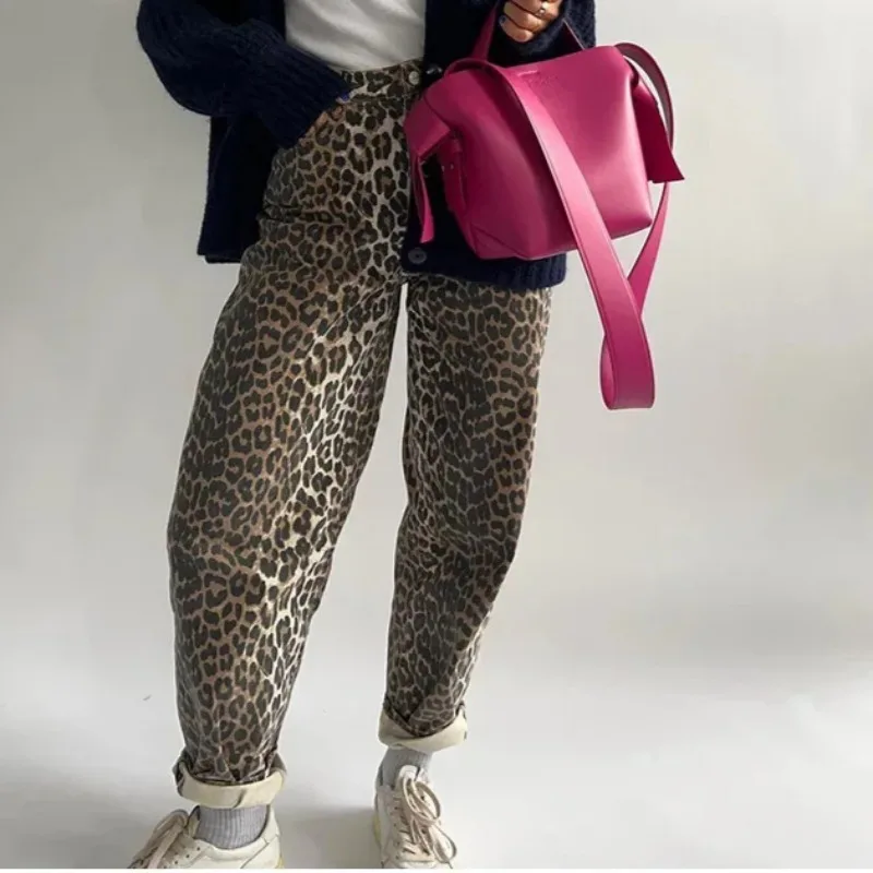 Women Fashion Leopard Print Wide Leg Pants Loose Vintage High Waist Zipper Fly Trousers Spring Chic Female Streetwear