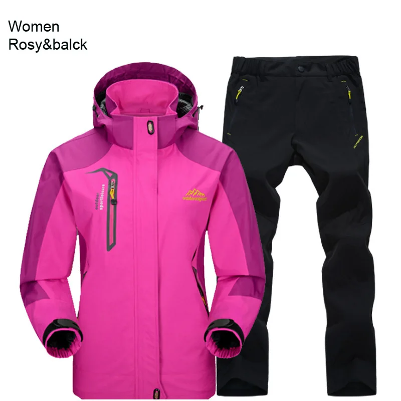 Trekking al aire libre senderismo chaqueta y pantalones mujeres otoño térmico impermeable a prueba de viento chaquetas con capucha viaje montaña Camping conjuntos