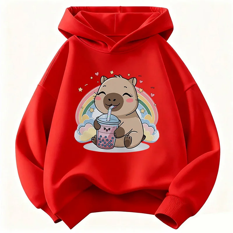 Happy Rainbow Capybara Drinking Juice Hoodie Kinder-Sweatshirt mit Kapuze für Jungen und Mädchen, lässige Kapuzenpullover, lustige Kleidung