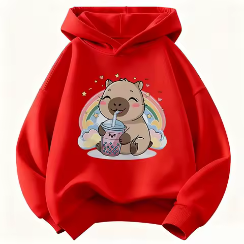 Happy Rainbow Capybara Drinking Juice Hoodie Kids Children's Sweatshirt Hoody for Boys Girls Casual Hoodies Funny Clothes