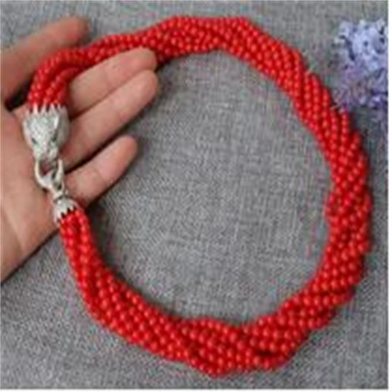 

Mode 8 strands rond rouge perles de corail collier avec zircon leopard / cheetah fermoir