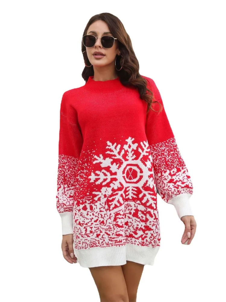 Autumn Winter New Women\'s Christmas Woolen Skirt Fashion Printed Snowflake Jacquard Lantern Sleeve Loose Knitted Dress