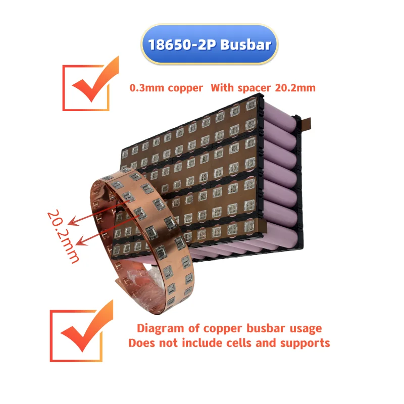18650-2P Copper Busbar for Lithium Battery Pack 20.2mm Spacing 0.3mm Thickness Easy Solder And Freely Cut For Welding.