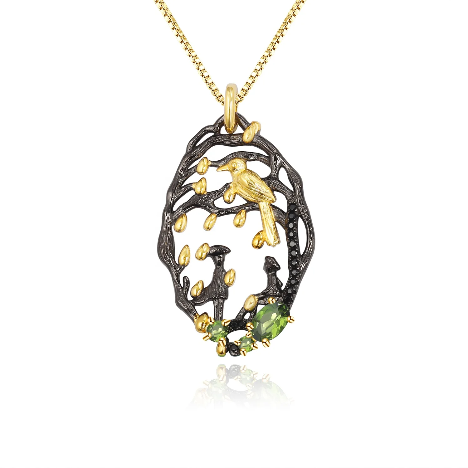 

Black 18K Gold Over 925 Silver Two Tone Plating Handmade Bird Tree Natural Chrome Diopside Statement Pendant Necklace