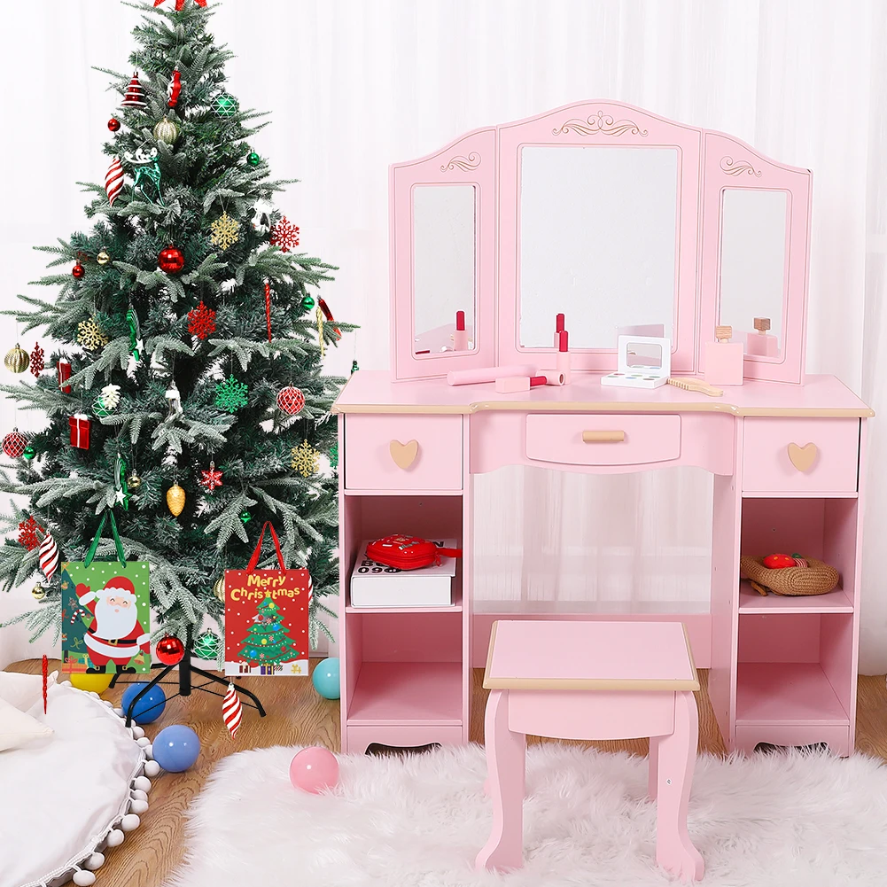 Kids Vanity, Pretend Play Vanity Set with Stool and Tri-Fold Mirror, Little Girl Makeup Desk,Toddler Dressing Table with Storage
