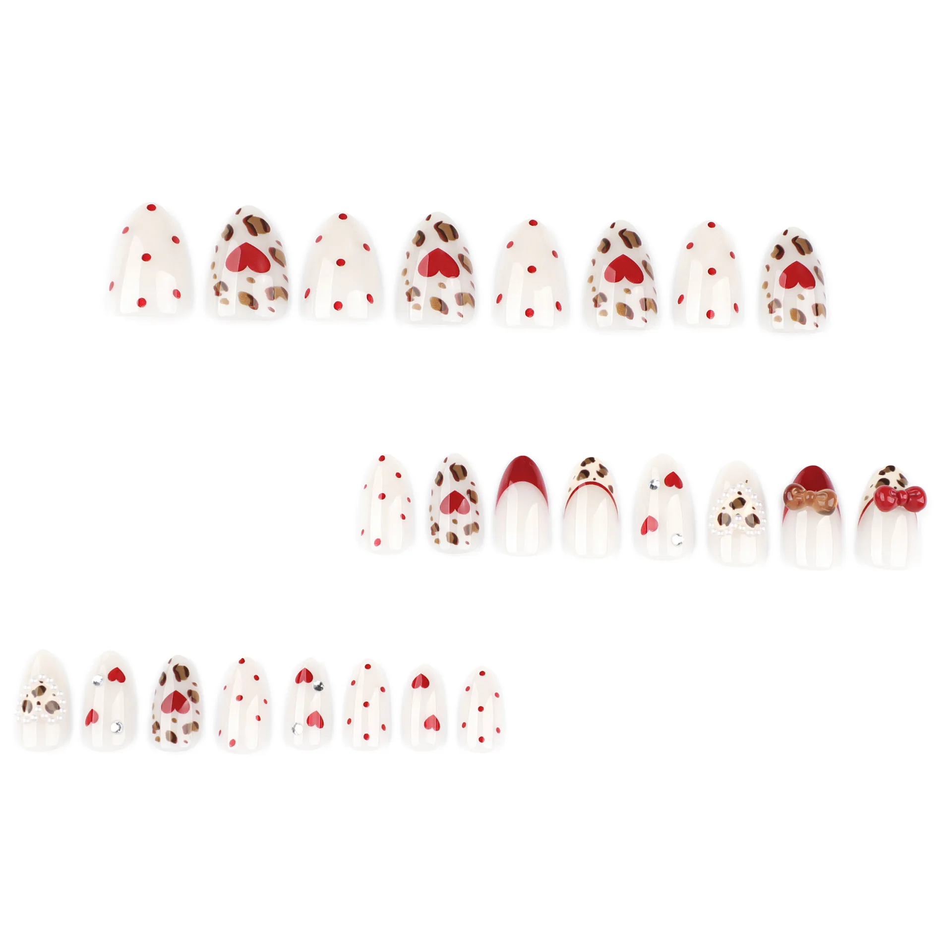 24 szt. Sztuczne paznokcie w stylu japońskim, kokardki 3D, dekoracje w kształcie serca z perłami, naklejane paznokcie, słodkie, stylowe, wzór w panterkę, francuski manicure.