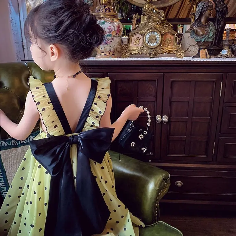 

Summer Green Black Dot Bow Lace Dress Lolita Child Girls Casual Midi Dress Children Dresses For Teens Party Princess Sundress