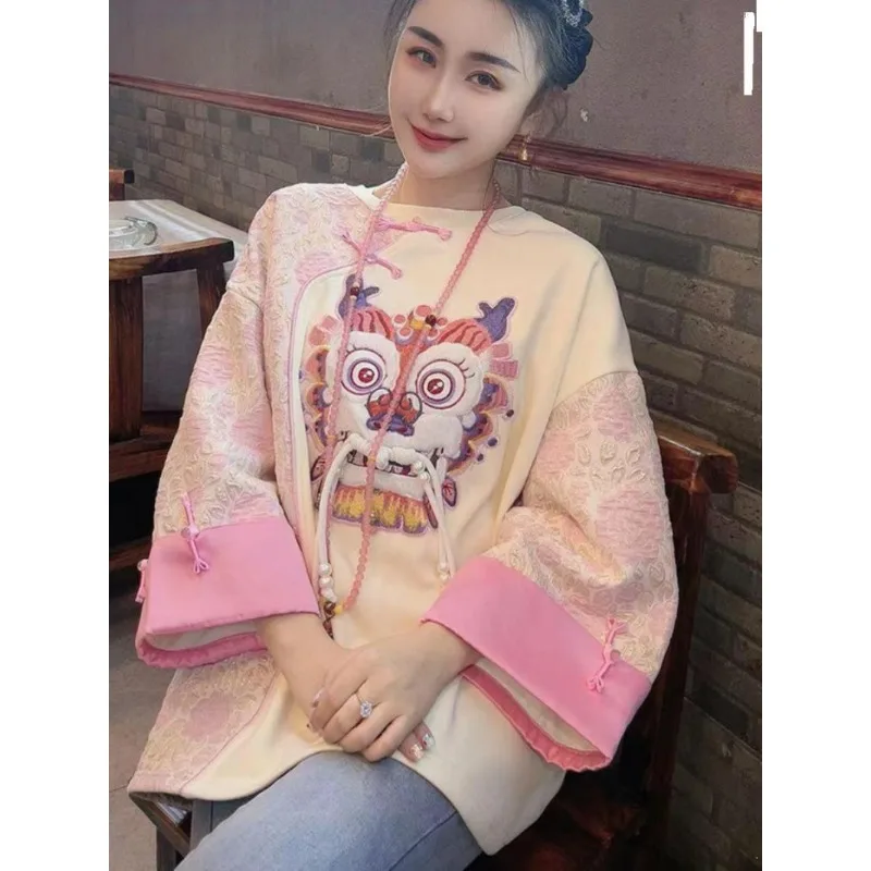 

Loose Large Size Chinese Style National Customs Jacket Female Spring and Autumn Embroidery Jacquard Pattern Unique Splice Hoodie