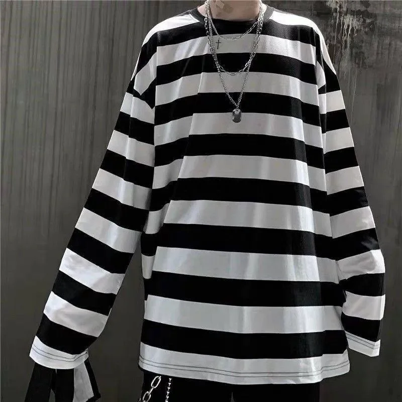 Autumn and Winter New Vintage Y2K Fashionable Street Punk Style Striped Loose and Personalized Casual Round Neck Top