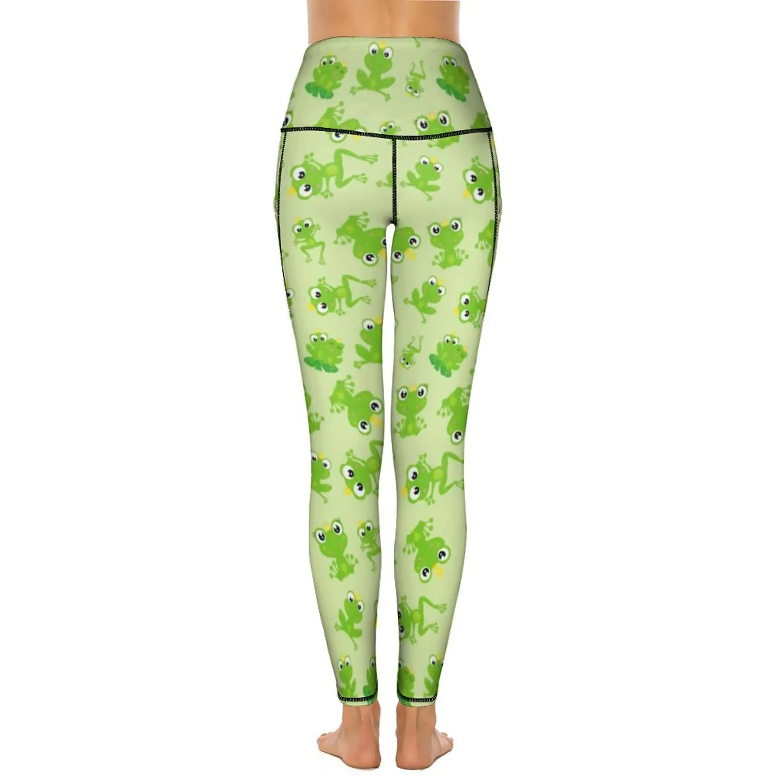 Sapo Príncipe Padrão Yoga Calças com Bolsos, Leggings Kawaii Verde Dos Desenhos Animados, Cintura Alta Sexy, Novidade Calças Justas Esportivas, Estiramento