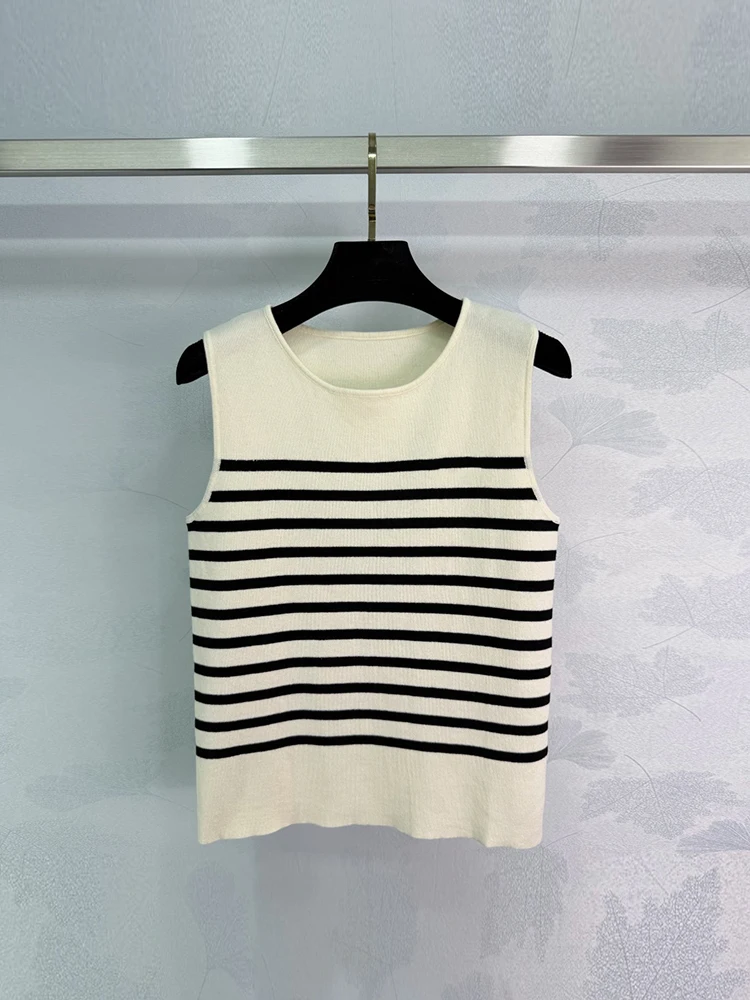 Pulls en laine rayés tricotés pour femme, col rond, sans manches, coupe droite, pour la maison, mode