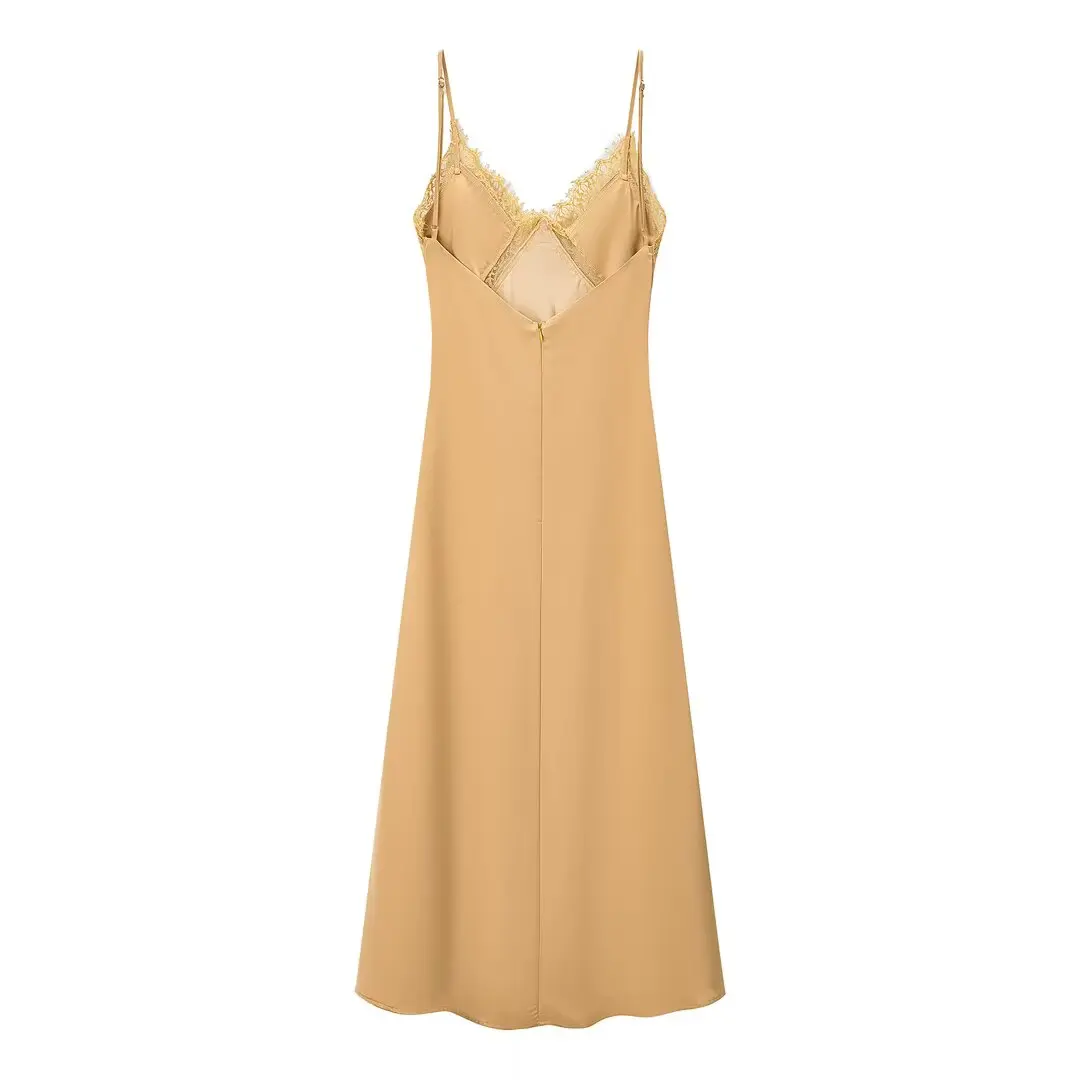 Ele Lace Midi Dr Silk Satin Texture Donna Faion Autunno New Sle Casual Taglio dritto Slim Fit No Sve Abito